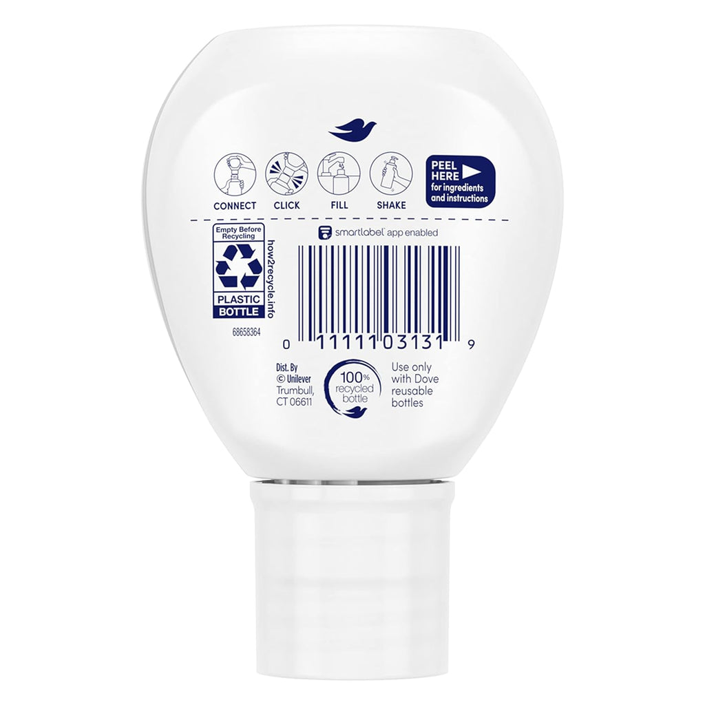 Kit de démarrage Bouteille réutilisable en aluminium et Recharge de concentré (2x) de gel douche Dove pour une peau douce instantanément, karité et vanille chaude pour le soin de la peau et une nutrition durable, 118 ml (donne 472 ml)