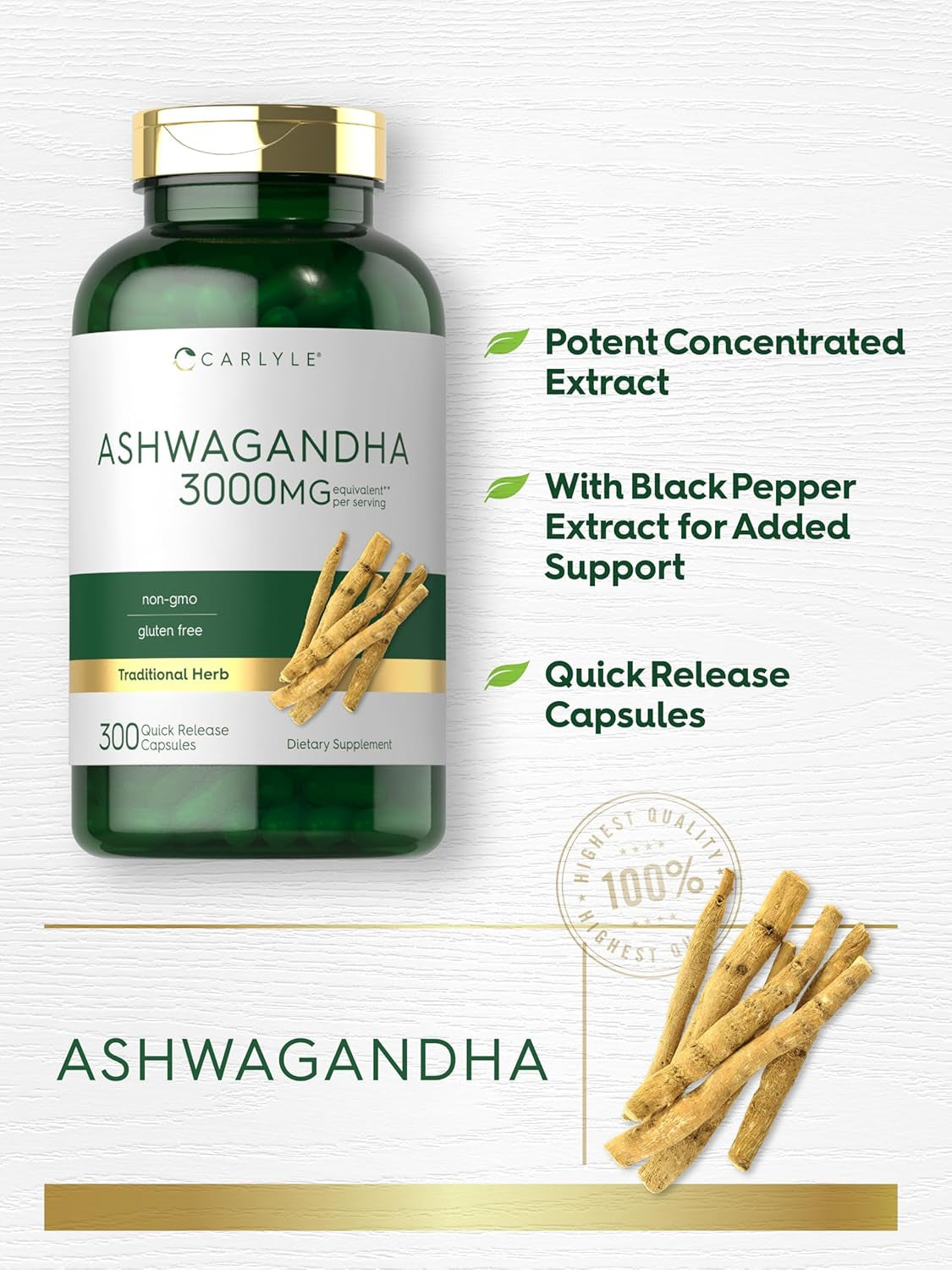Carlyle Ashwagandha Supplement for Women and Men | 300 Capsules | Herb Root Extract with Black Pepper | Non-Gmo and Gluten Free