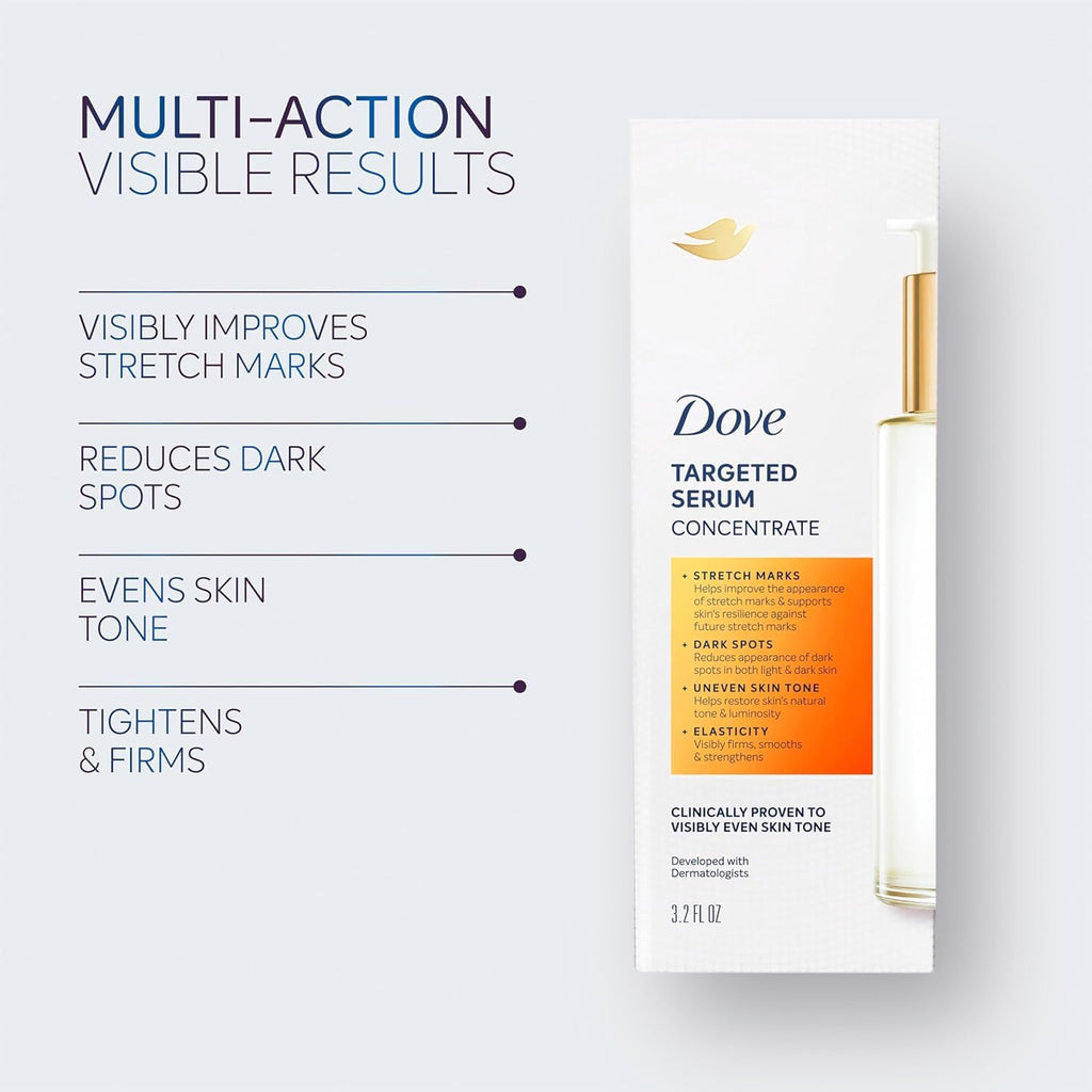 Sérum multi-usages Dove Targeted pour les vergetures, les taches brunes, le teint irrégulier et l'élasticité, avec complexe Tone Balance, niacinamide, peptides de collagène et facteurs naturels d'hydratation, 90 ml