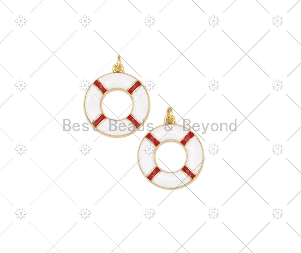Pendentif bouée de sauvetage émail blanc rouge, breloque bouée de sauvetage remplie d'or 18 carats, pendentif breloque bracelet collier, 23x20mm, SKU#LK473