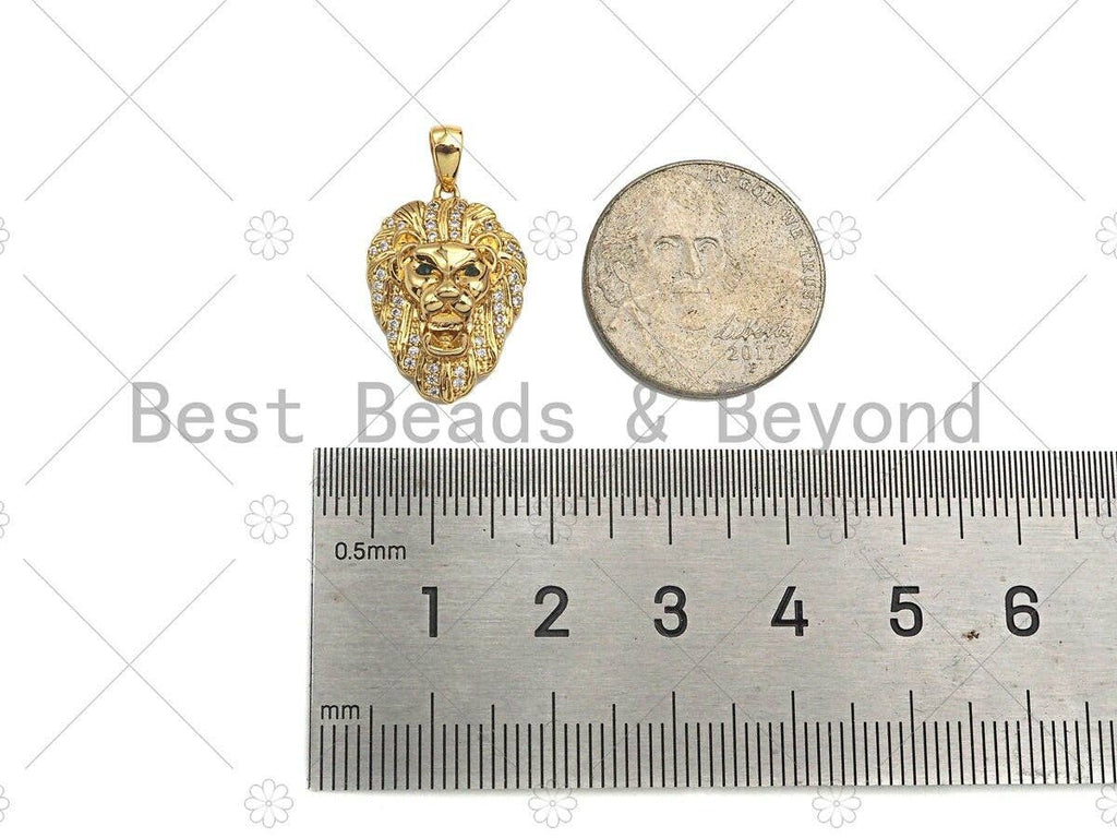 Gold Filled CZ Micro Pave  Lion Head with Green Eye Pendant, 18K Gold Filled Lion Head Charm, Necklace Bracelet Pendant, 14x20mm, Sku#Y443
