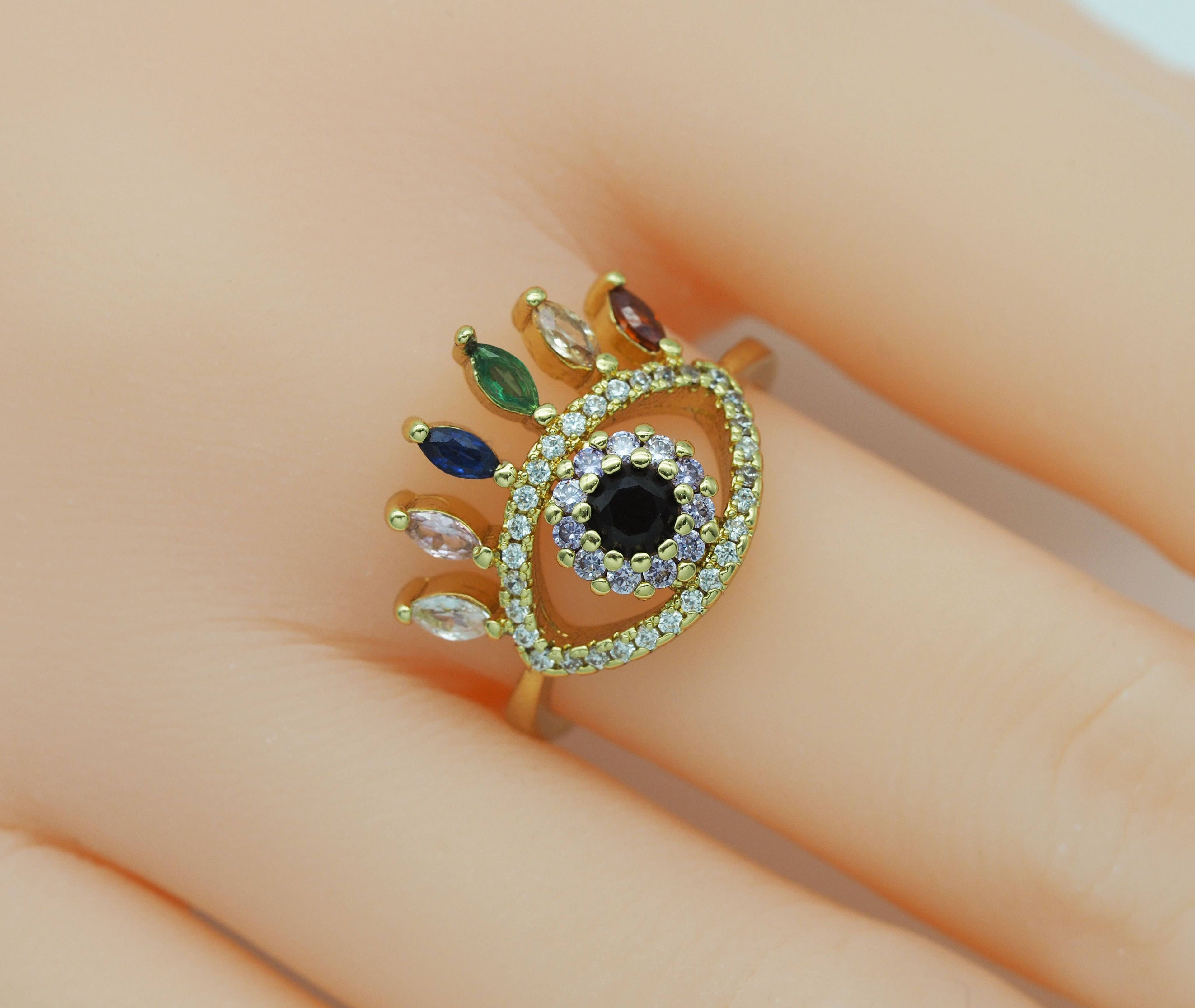 Colorful CZ Evil Eye Adjustable Ring,JL67