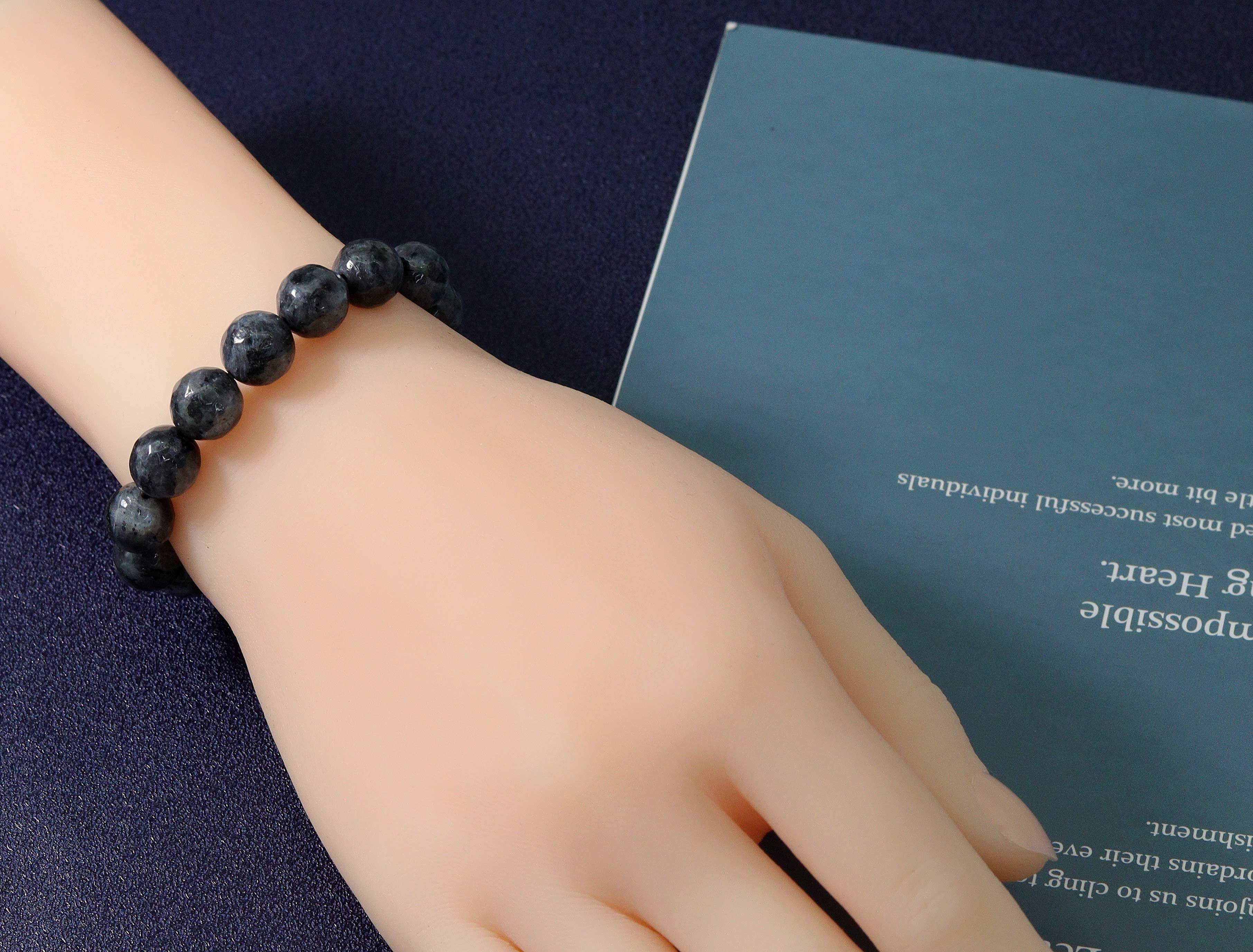 Larvikite Round Faceted Beads Stretchy Bracelet,Sku#EF110