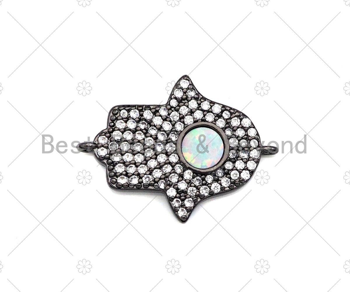 CZ Micro Pave Opal Hamsa Hand connector, White Opal Link,Cubic Zirconia Bracelet Necklace Connector,17x23mm, Sku#E528