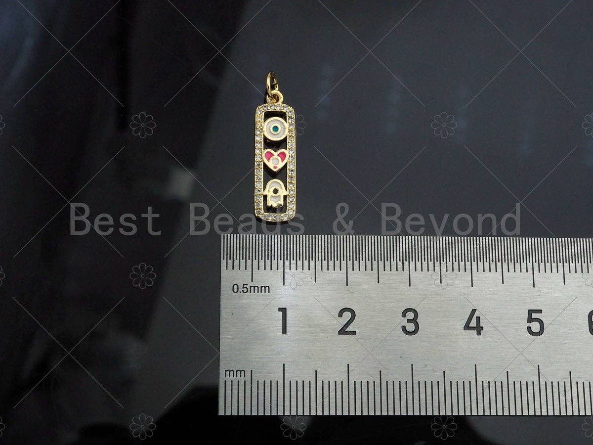 CZ Micro Pave Enamel Heart Evil Eye Hamsa Hand On Rectangle Shape Pendant,Cubic Zirconia Gold Charm,Necklace Bracelet Charm,7x22mm,Sku#Z1302