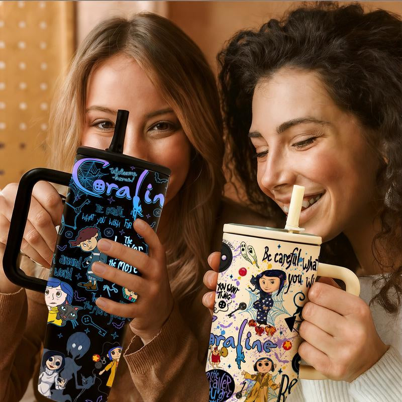 1Pc 40Oz Stainless Steel Tumbler with Lid and Straw, Coraline Dark Fantasy Cartoon Style, Vacuum Insulated Thermal Cup, Keep Hot 12H / Cold 24H, Creepy Cute Travel Mug for Movie Fans, Unique Gift for Horror Aesthetic Lovers and Animation Enthusiasts