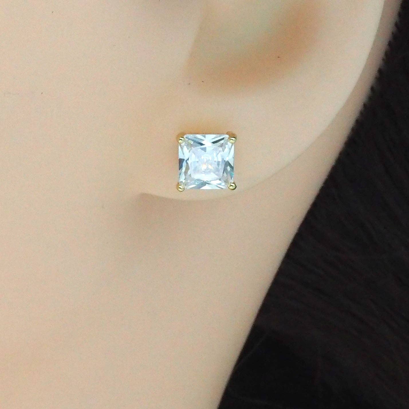 Gold Clear Pink Square CZ Stud Earrings, Sku#LX295
