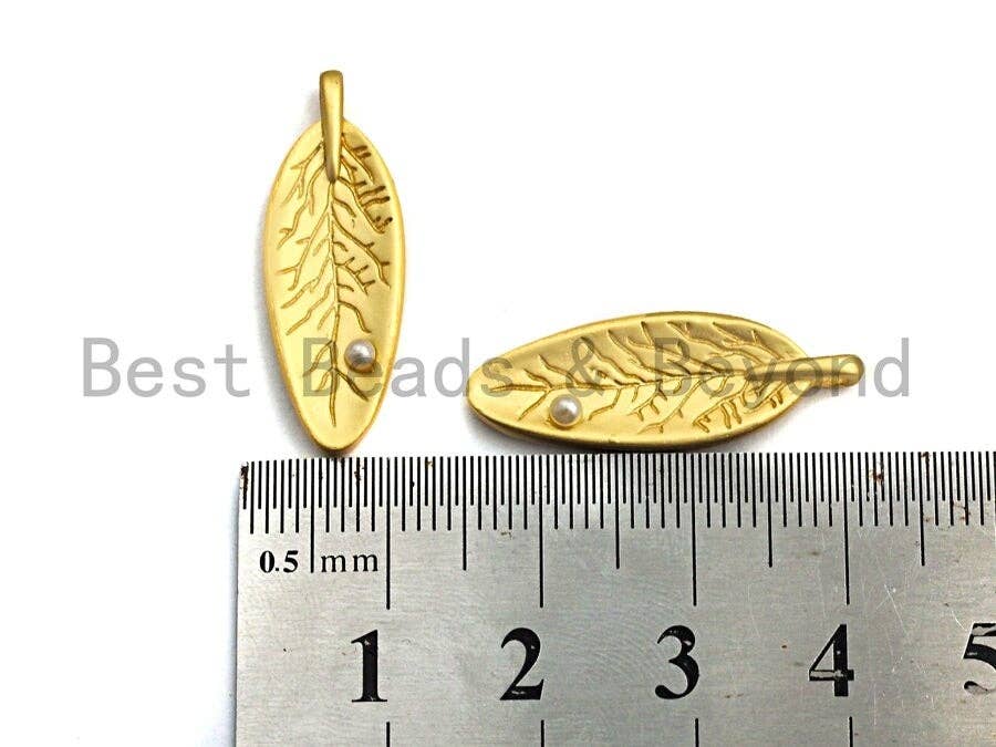 CZ Micro Pave Leaf With White Pearl Pendant,Cubic Zirconia Leaf Charm, Silver/Gold Pendant, 9x26mm, sku#Y215