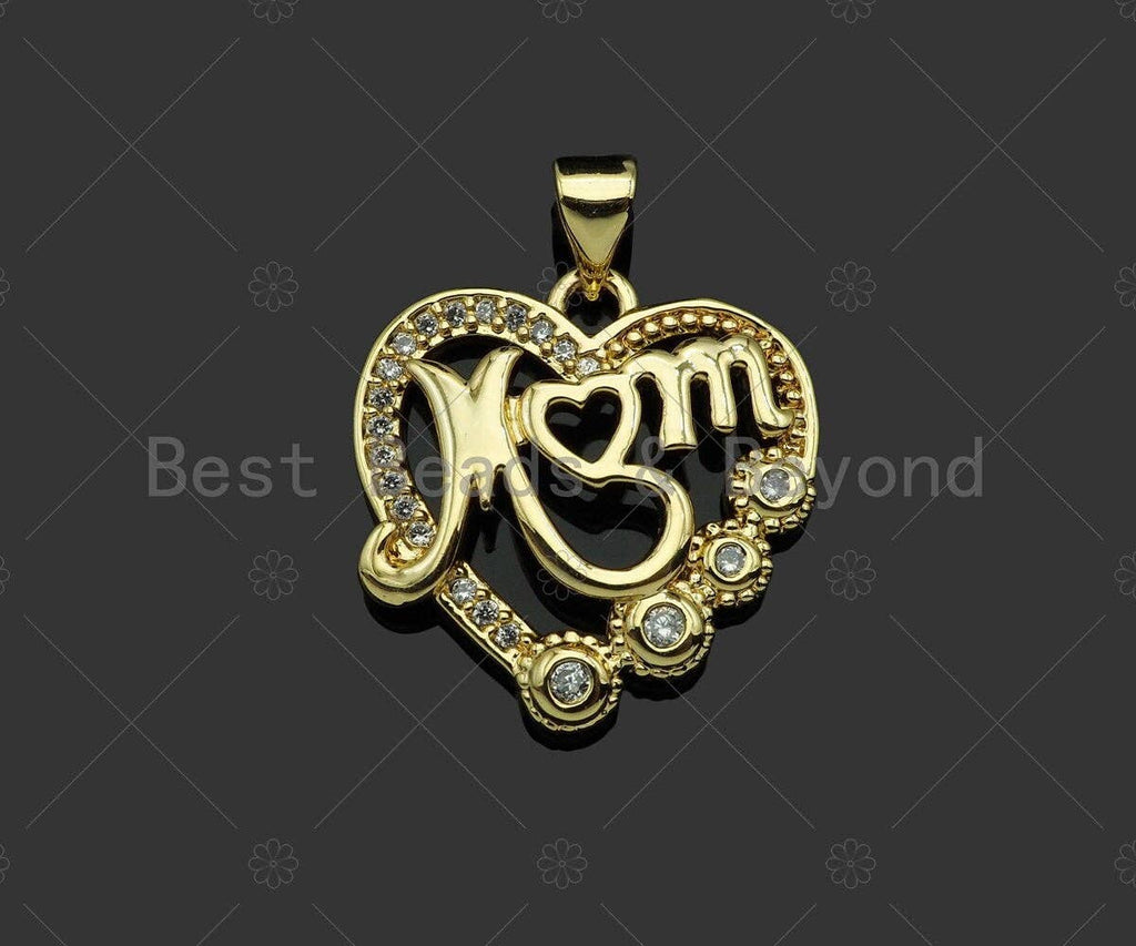 Gold Filled CZ Micro Pave Mom On Heart Shape Pendant, 18K Gold Filled Charm, Mother's Day Gift, Necklace Bracelet Pendant,19x20mm,Sku#LD118