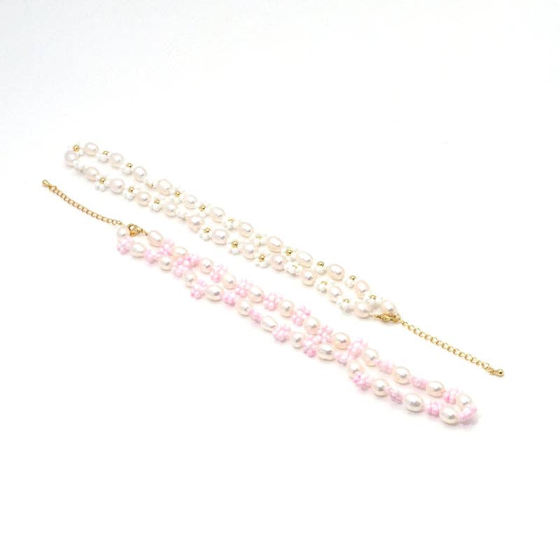 White Pink Pearl Flower Necklace,sku#EF281
