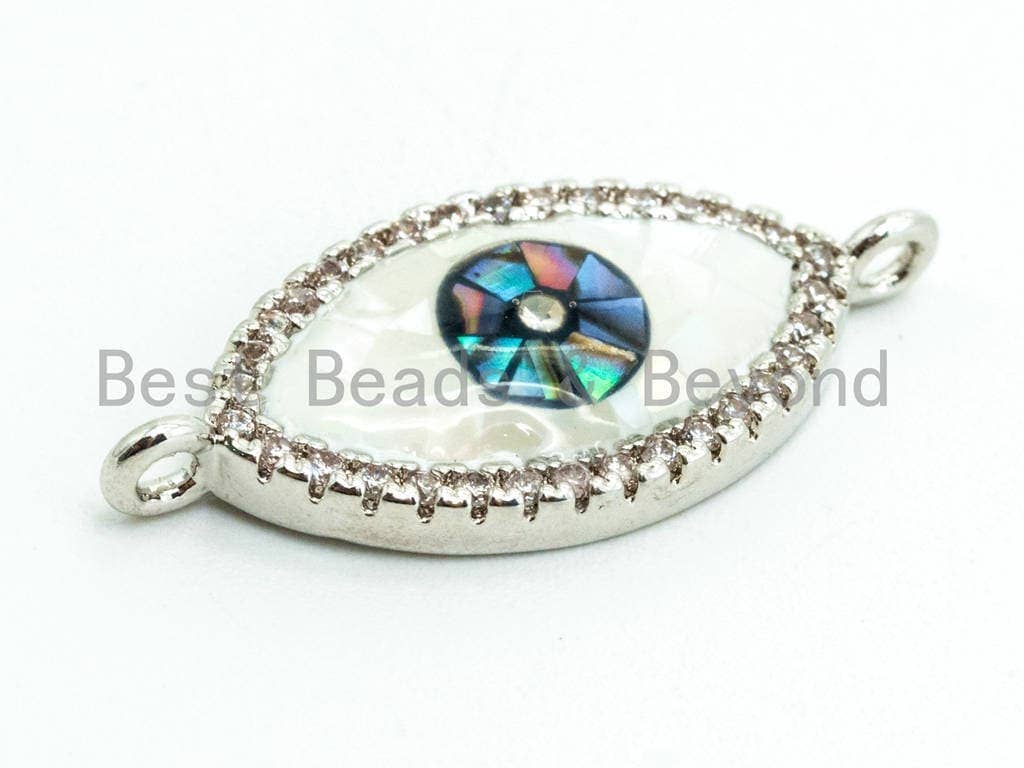 CZ Micro Pave Evil Eye Connector with Abalone Pearl Shell, Cubic Zirconia Space Connector, CZ Abalone Pearl Charm 10x23mm, 1pc,SKU#Z24