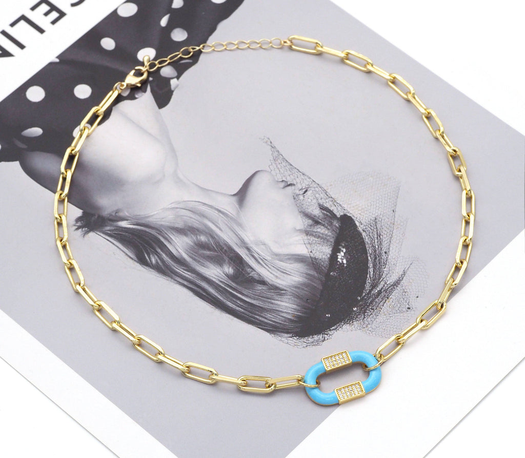 Colorful Enamel Oval Paperclip Chain Necklace,sku#EF240