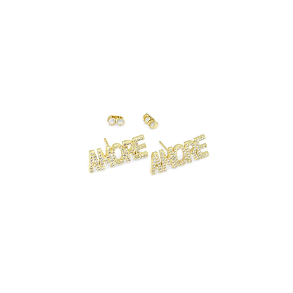 Clear CZ Amore Word Gold Silver Stud Earrings, Sku#A354