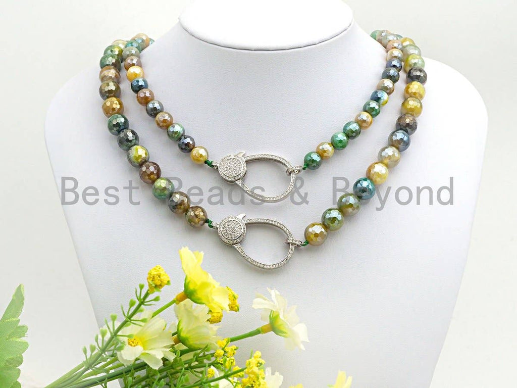 Gorgeous Agate Attachment Necklace with Large CZ Pave Silver clasp, 18 long, 8mm/10mm beads size, sku#D43