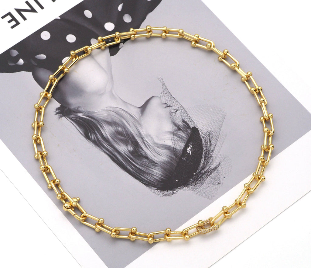 U Shape Chain Necklace with/without CZ Link focal, Sku#EF183