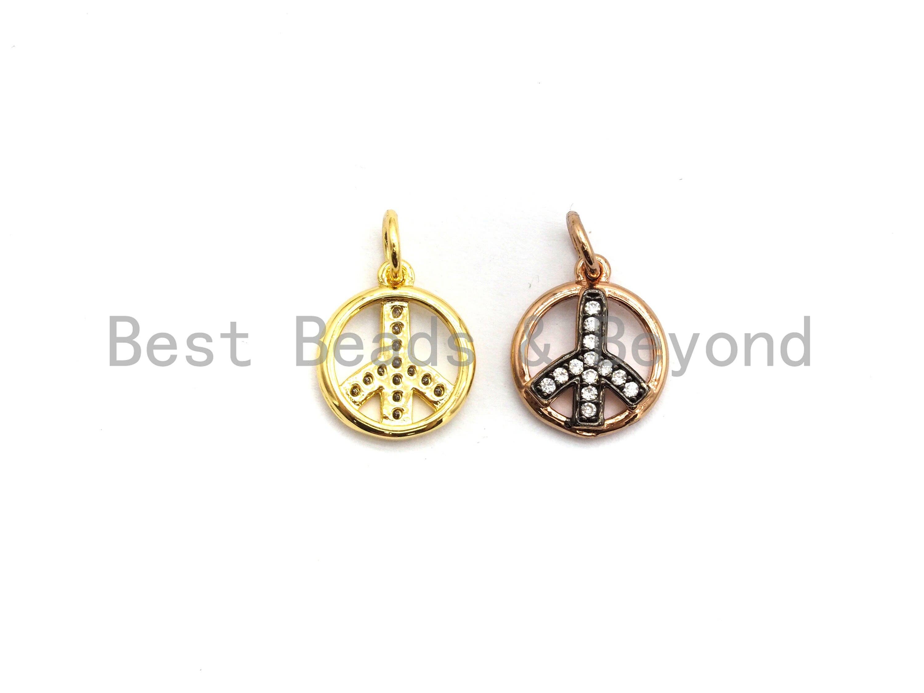 CZ Micro Pave Dual Color Peace Sign Pendant, Cubic Zirconia Pendant, Silver/Gold/Rose Gold/Black Tone, 11x13mm, Sku#Y183