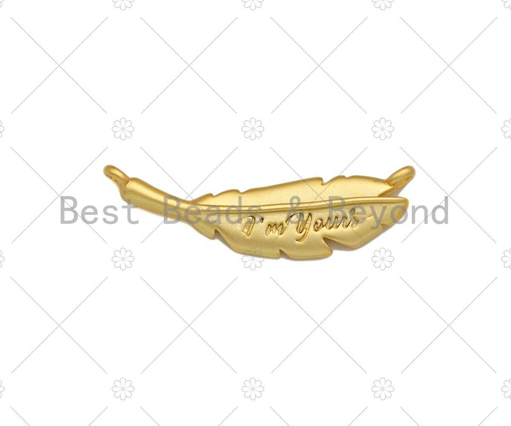 CZ Micro Pave Feather Shape Pendant/Charm/Connector, I'm yours Letter Feather Connector, Silver/Gold/Black Tone, 6x22mm, Sku#Y276