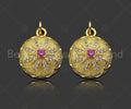 Gold Filled CZ Micro Pave Flower Pattern On Round Shape Pendant, 18K Gold Filled Fuchsia CZ Charm, Necklace Bracelet Pendant,mm,Sku#LK346
