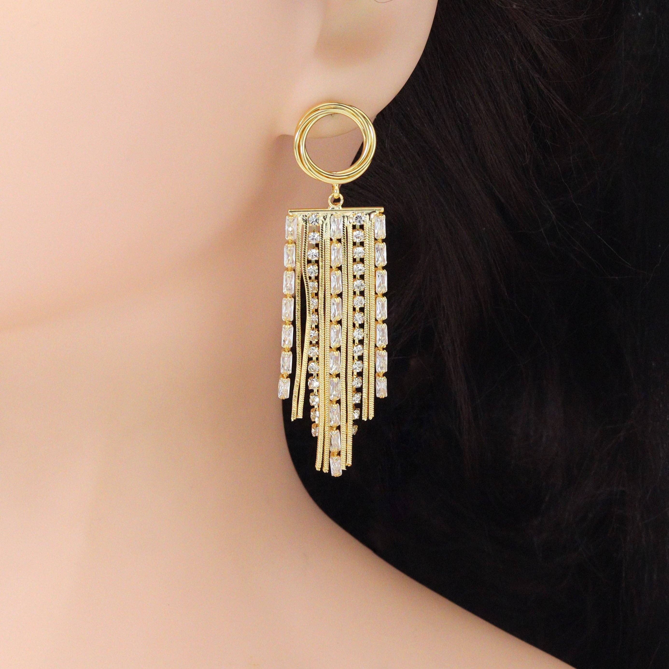 Clear CZ Gold Silver Tassels Statement Earrings, Sku#O130