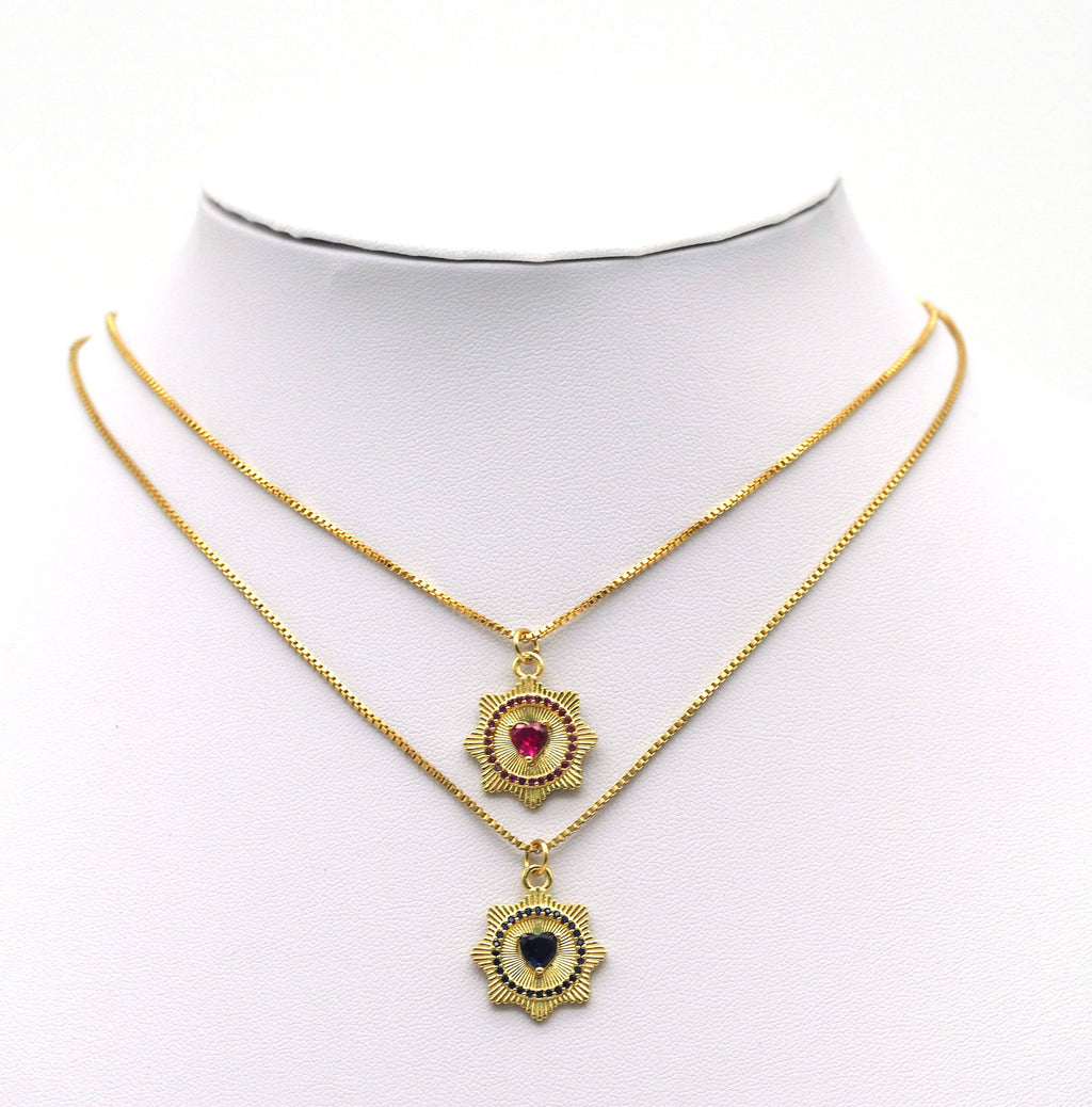 Blue Fuchsia CZ Spike Heart Coin Charm, Sku#LX44