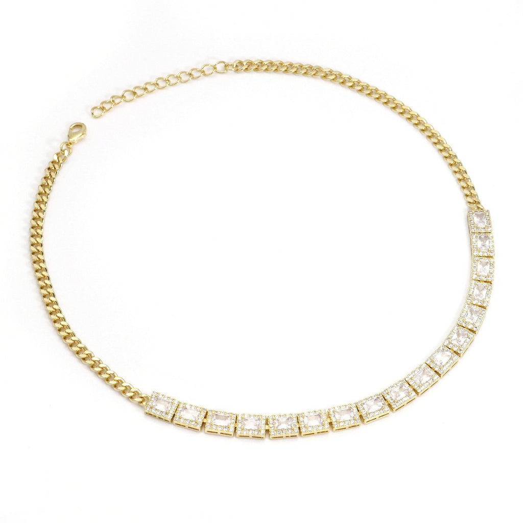 Clear Green Square CZ Gold Link Chain Adjustable Necklace,sku#LX239