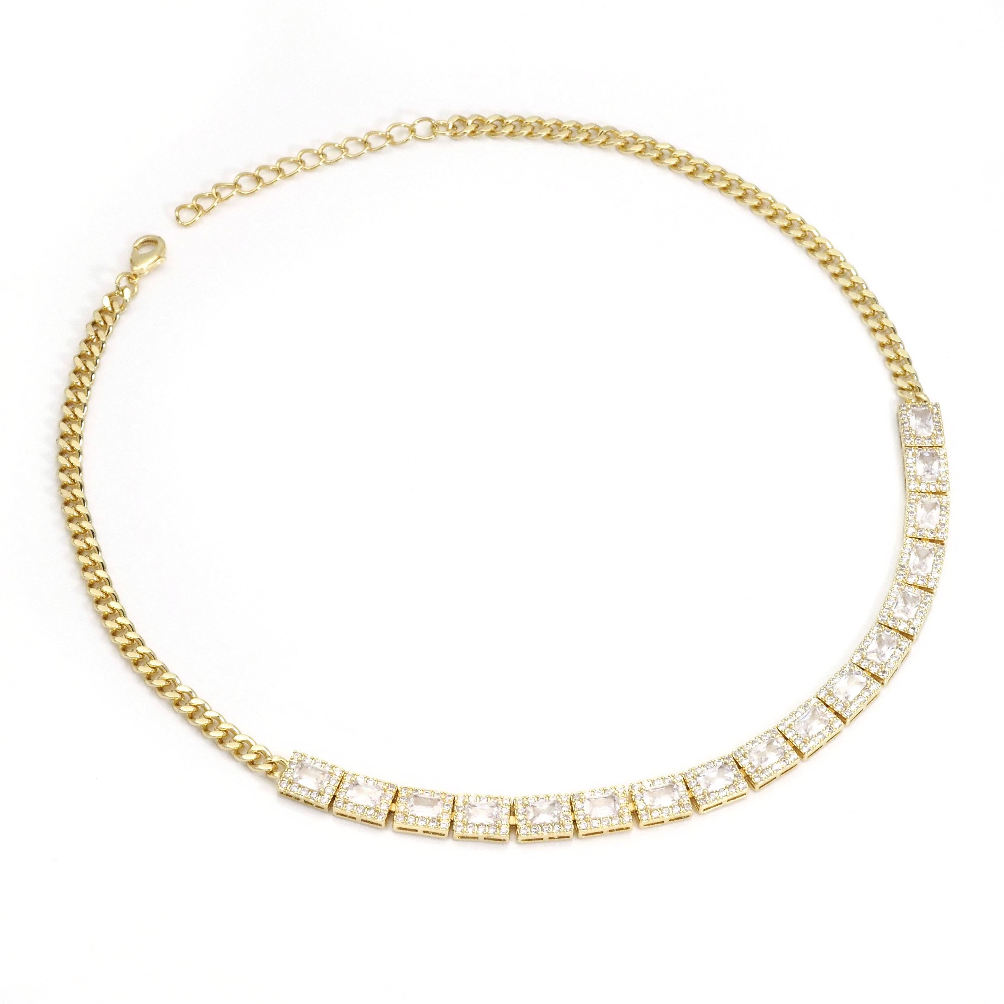 Clear Green Square CZ Gold Link Chain Adjustable Necklace,sku#LX239