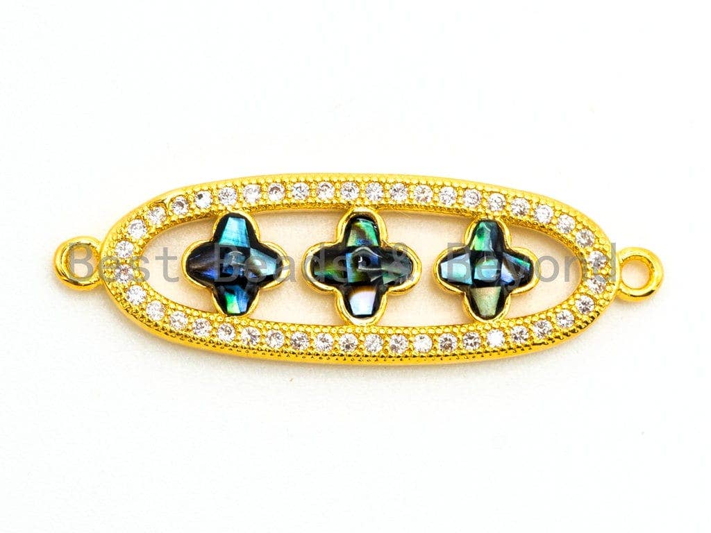 CZ Micro Pave NATURAL Abalone Clover Oval Shaped Connector, Cubic Zirconia Abalone Link Connector Charm,10x32mm, 1pc, sku#Z36