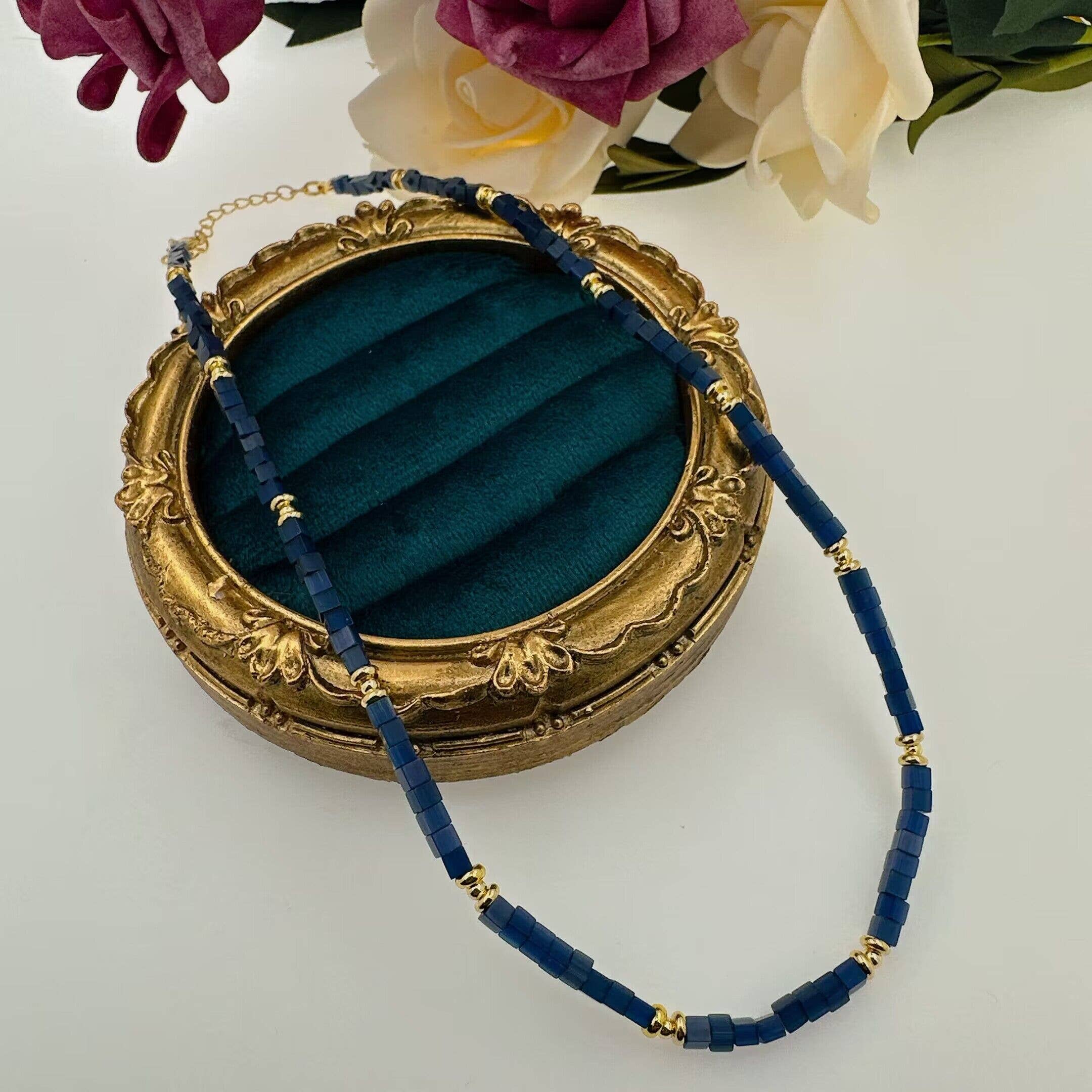 Royal Blue Cube Gemstone Gold Spacer Necklace, EF538