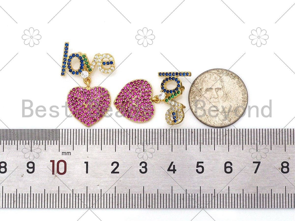 Colorful CZ Micro Pave Love Word With Fuchsia CZ Heart Shape Pendant,18K Gold Filled Love Charm,Necklace Bracelet Pendant,19x28mm,Sku#LK398
