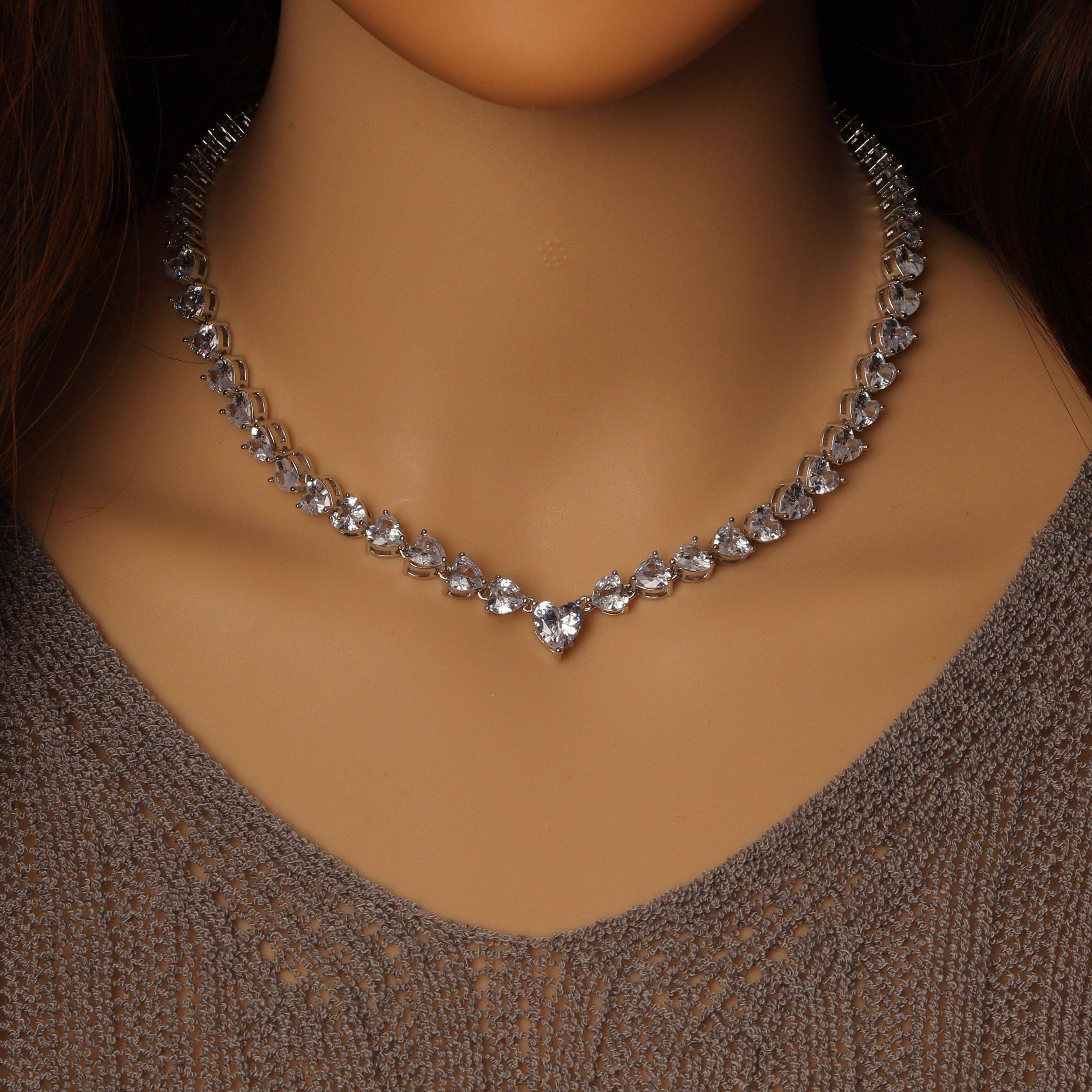 Silver Gold Heart CZ Necklace, Sku#A119