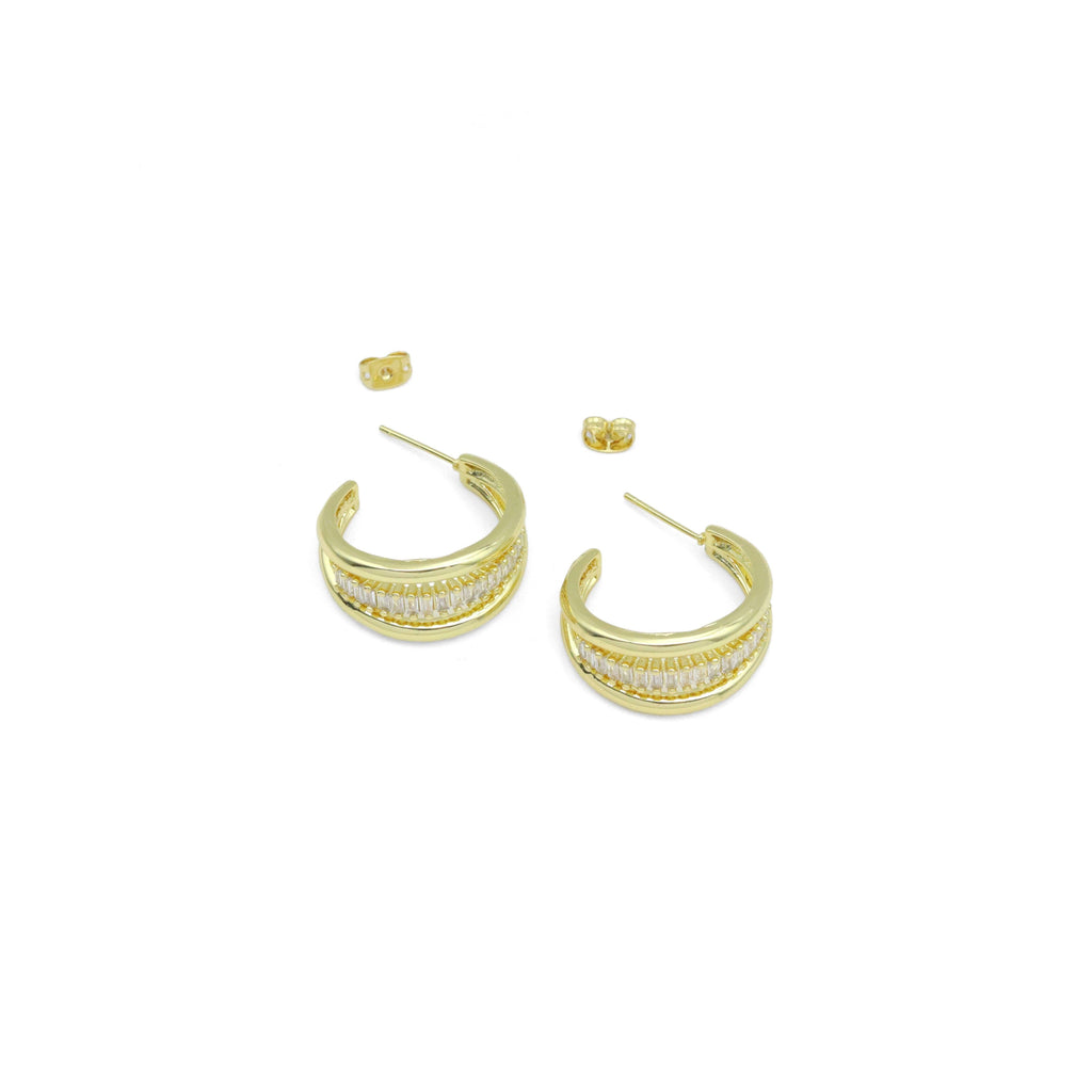 Baguette CZ Gold Multiline Hoop Stud Earrings, Sku#LD664