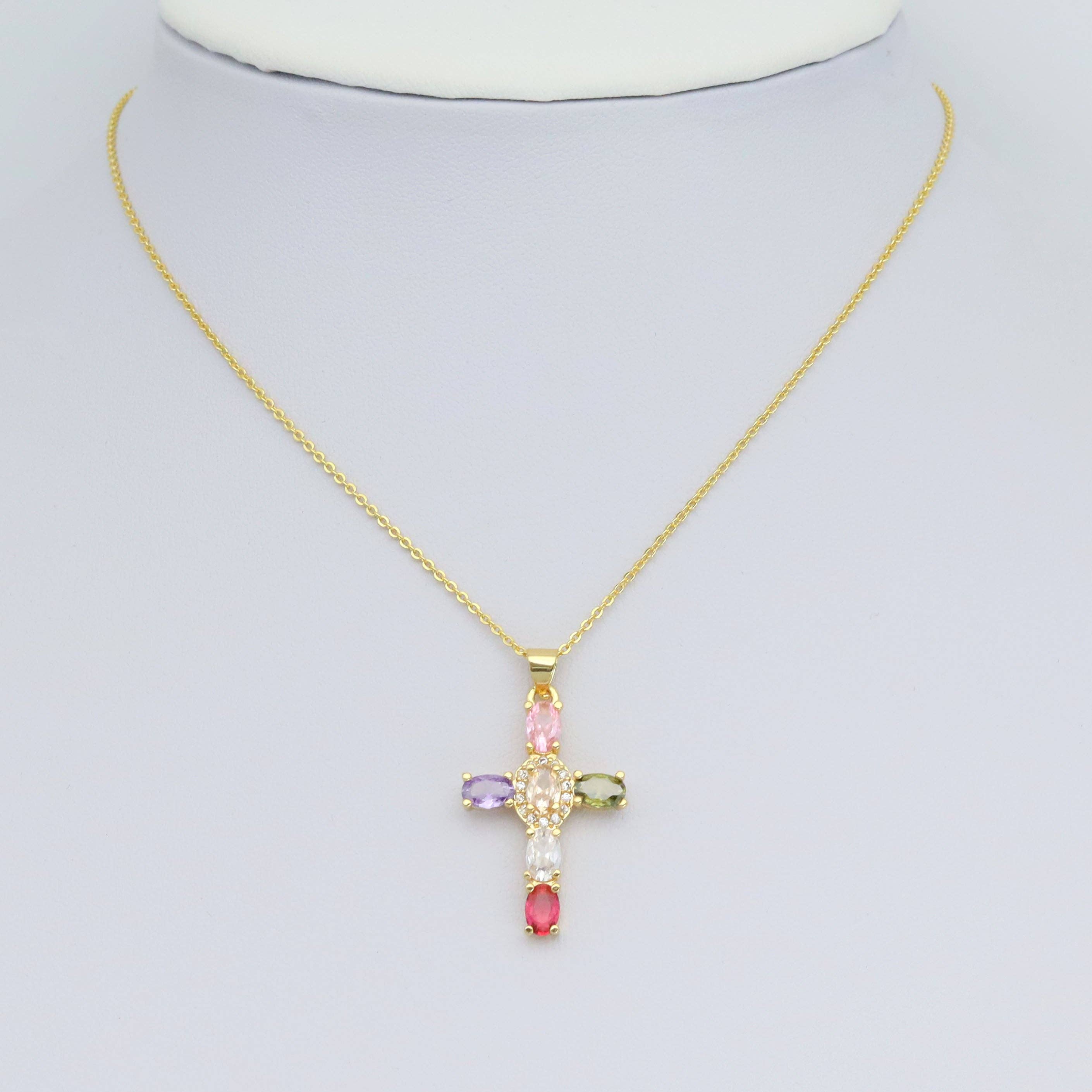 Gold Colorful Oval CZ Cross Charm Pendant, Sku#LD640