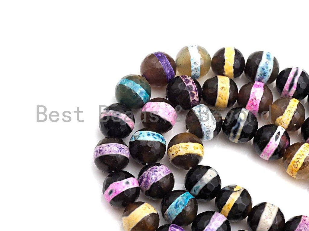 Dzi Agate faceted round beads with Rainbow line, 8mm/10mm/12mm/14mm, mixed color Tibetan beads, agate beads wholesale -15inch, sku#U628