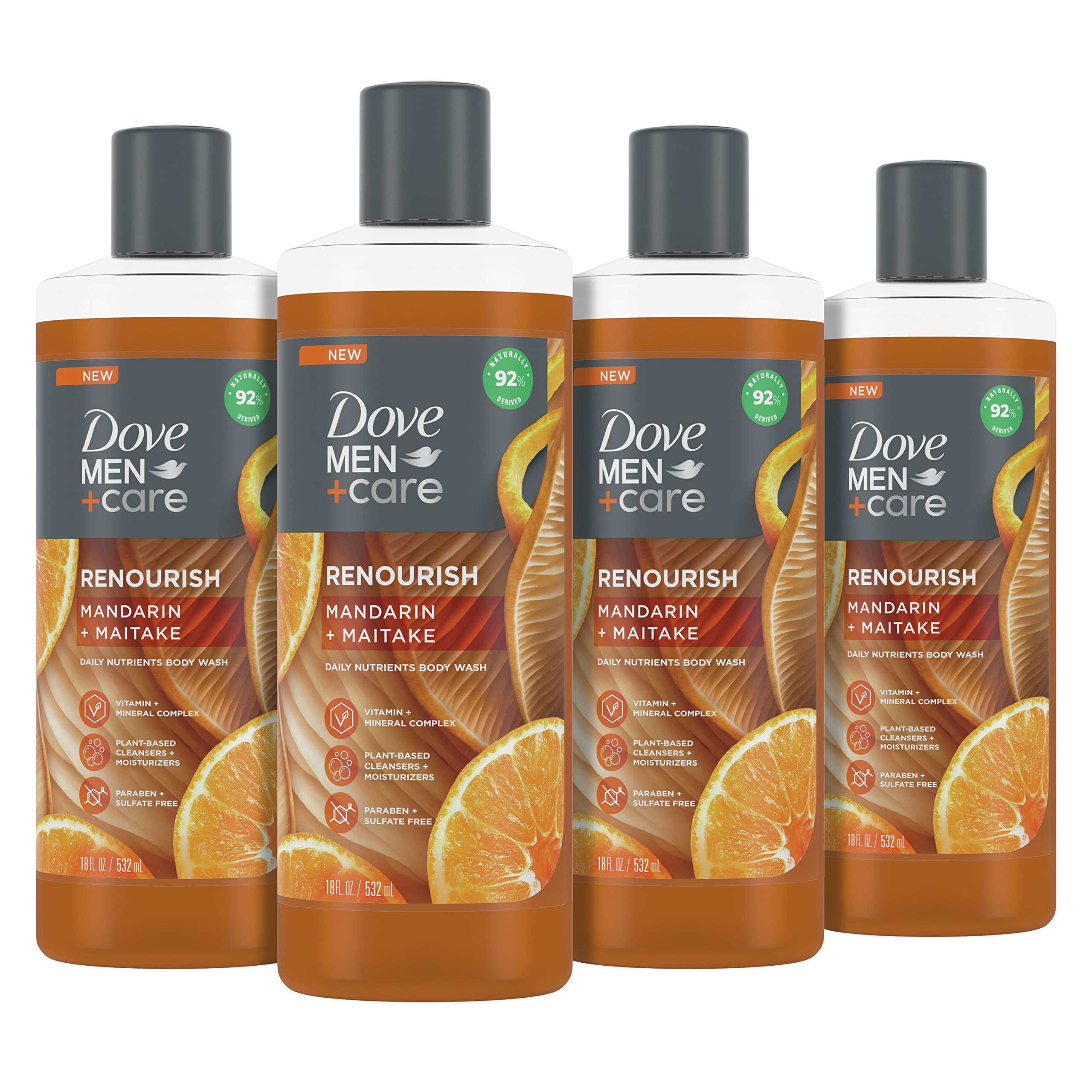 DOVE MEN + CARE Gel douche réparateur Mandarine + Maitake 4 unités, avec complexe de vitamines et minéraux, gel douche hydratant à base d'ingrédients végétaux, 532 ml