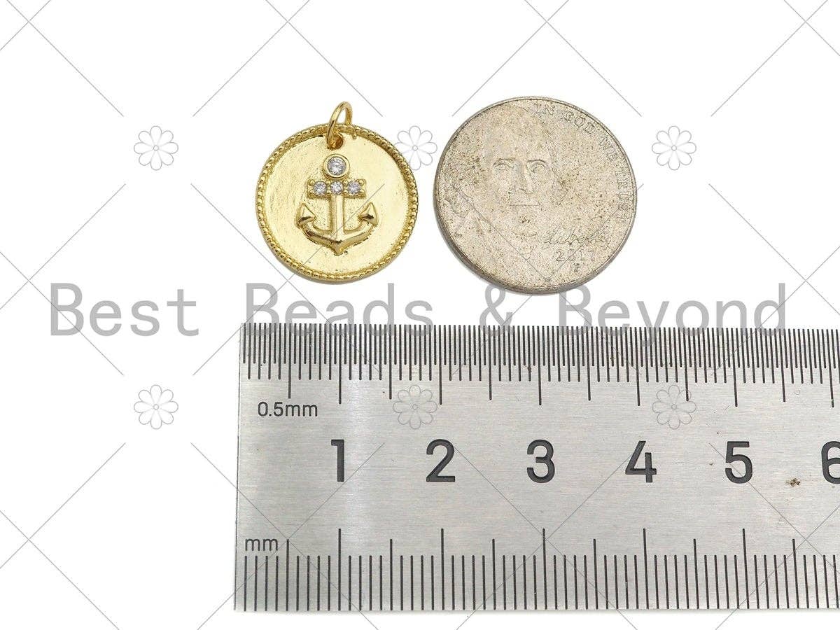 Gold Filled CZ Micro Pave Boat Anchor On Round Coin Shape Pendant, 18K Gold Filled Medallion  Charm, Necklace Bracelet Charm,16mm,Sku#LK340