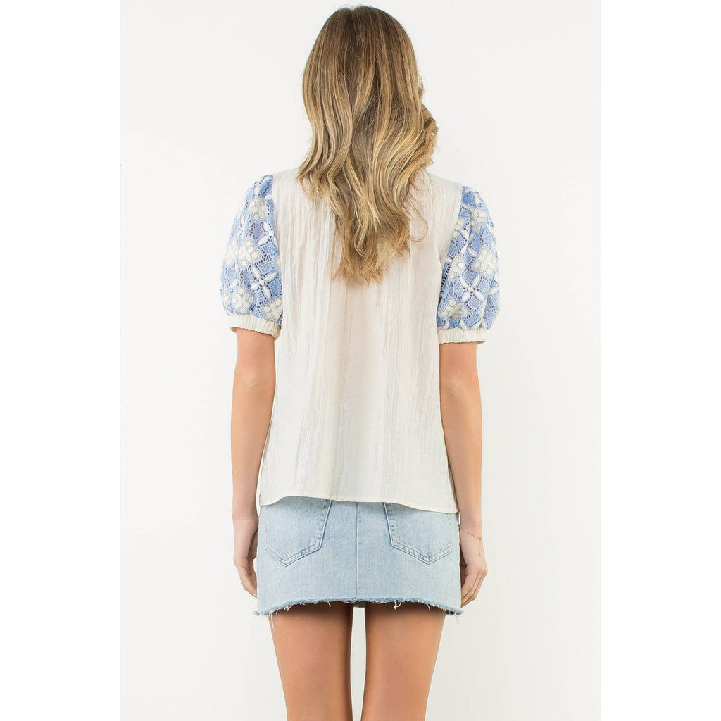 Krysa - Embroidered Yoke Puff Sleeve Crinkle Top