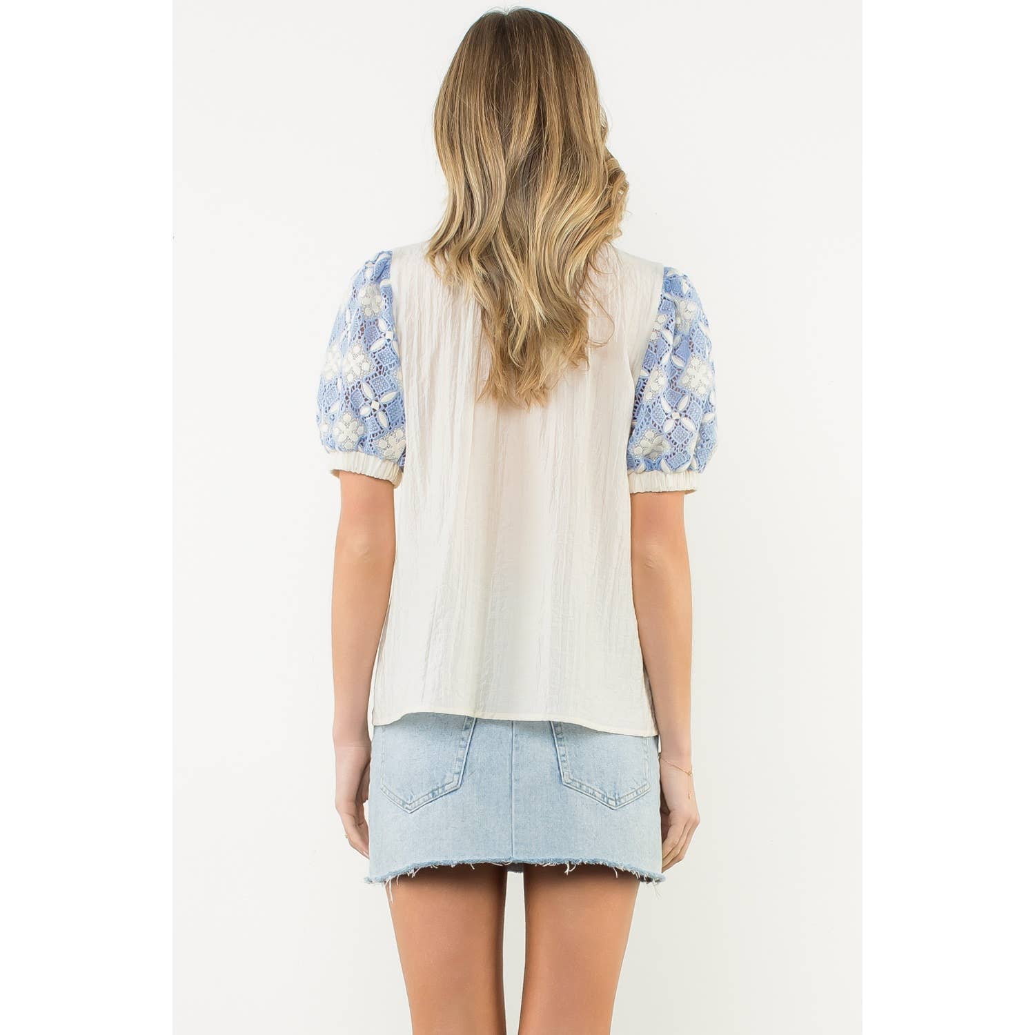 Krysa - Embroidered Yoke Puff Sleeve Crinkle Top
