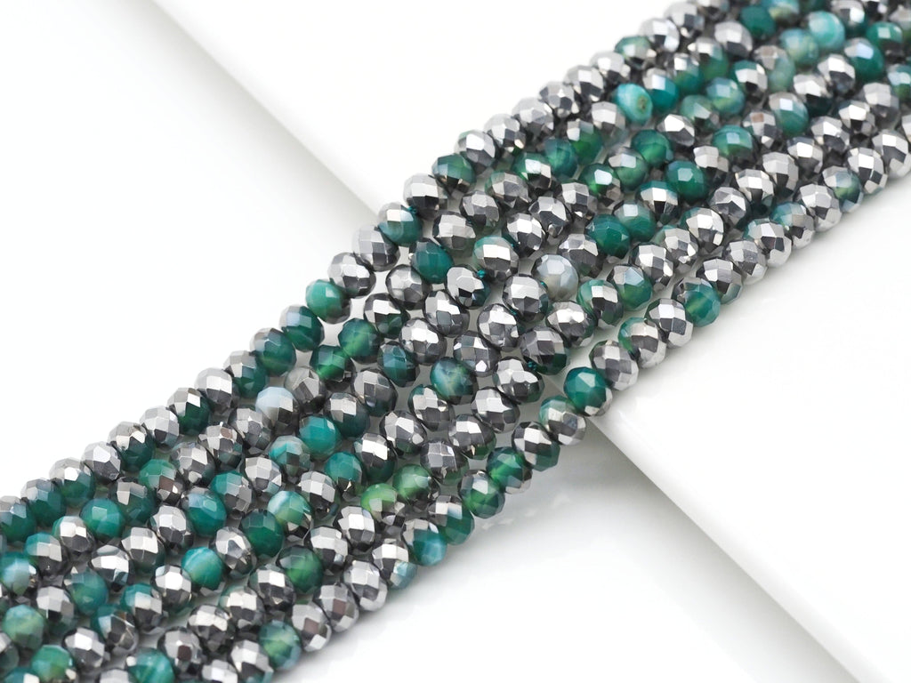 Half Silver Plated Green Banded Agate Rondelle Faceted Beads, Sku#UA249