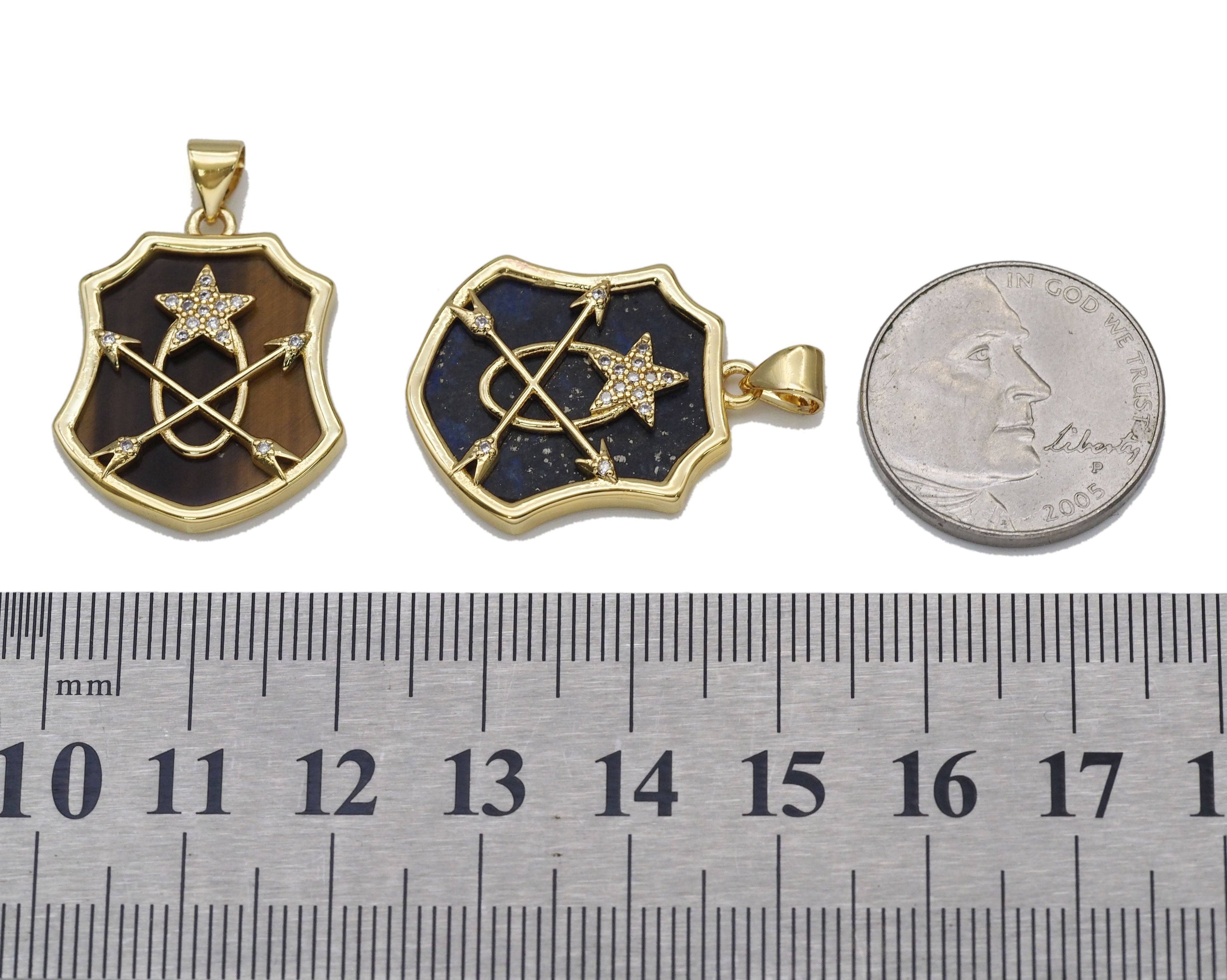 Gold CZ Star Arrows On Gemstone Shield Charm, Sku#LX108