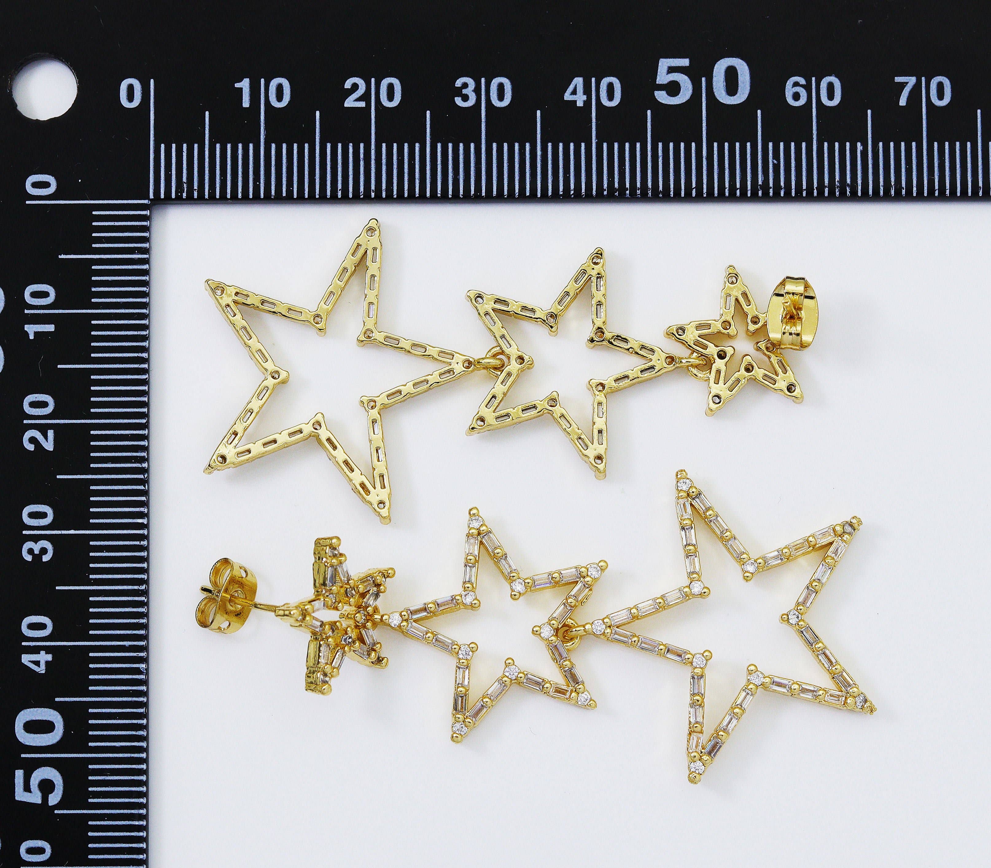 Gold Triple Five Point Star Dangle Earrings, Sku#LD271