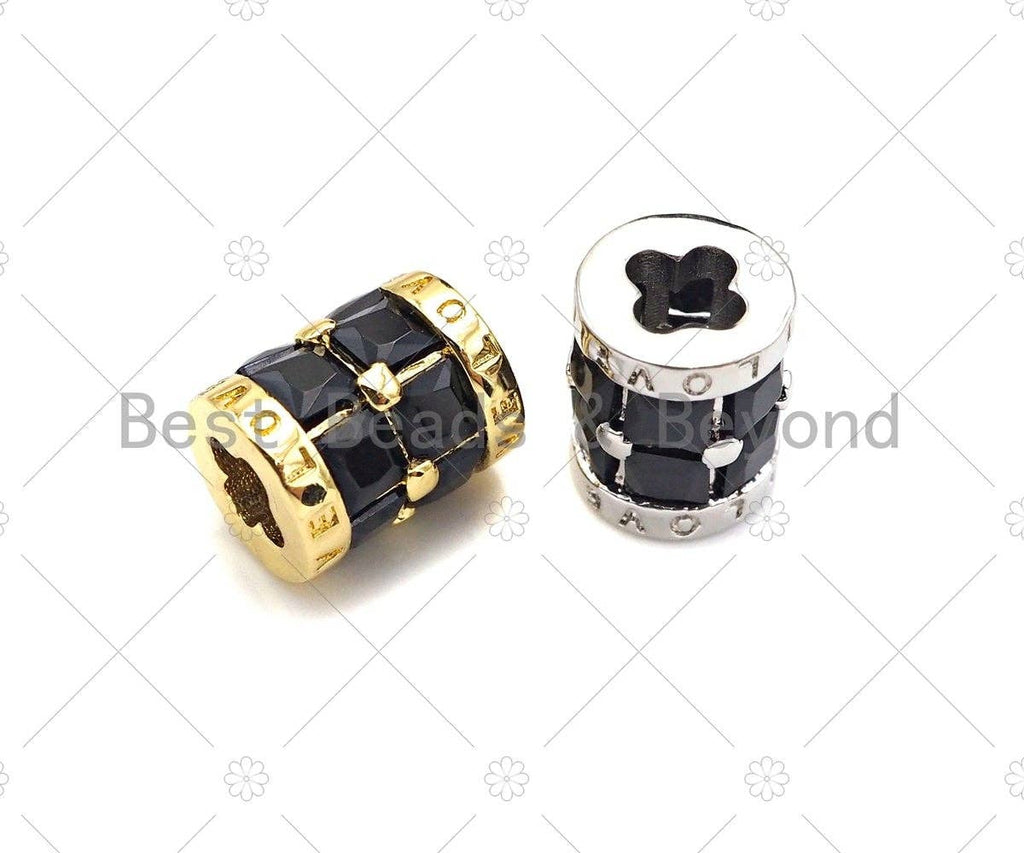 CZ Micro Pave Clover Shape Large Hole Tube Spacer Beads Charms/Drum Barrel Beads, Black CZ, 7x8mm, Sku#Y355