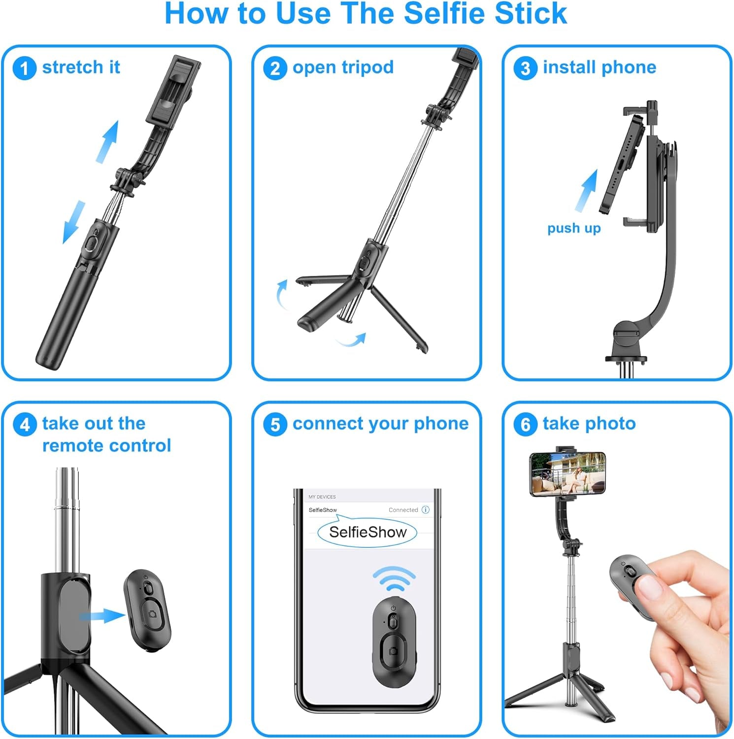 Selfieshow Selfie Stick, Extendable Selfie Stick Tripod with Wireless Remote and Tripod Stand, Portable, Lightweight, Compatible with Iphone 15 14 13 12 Pro Xs Max X 8Plus, Samsung Smartphone and More