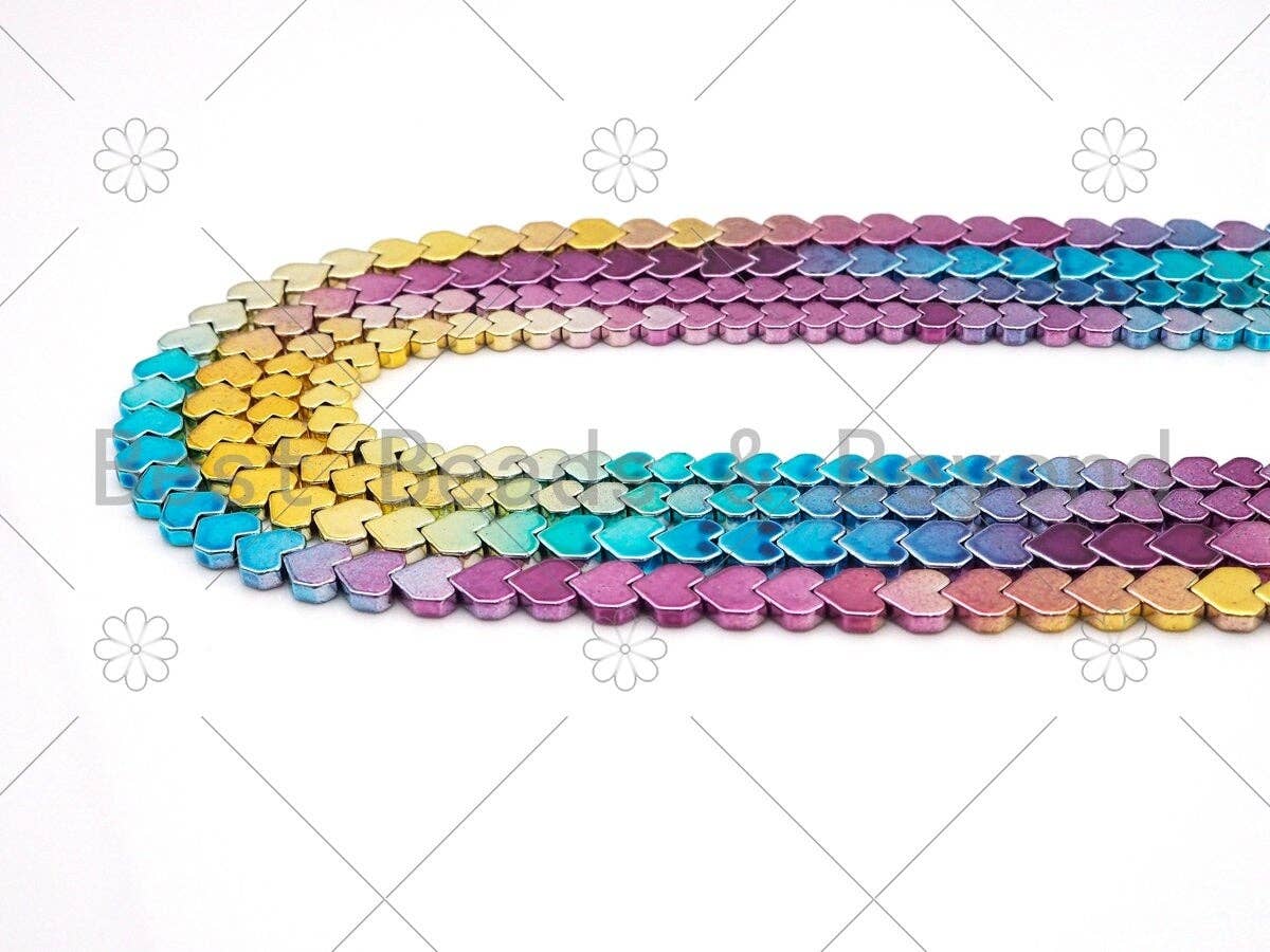 NEW!!! Rainbow Natural Hematite Smooth Heart Beads, Gold Green Purple Blue Pink Matrix 6mm/8mm Hematite, 15.5'' Full Strand, SKU#S140