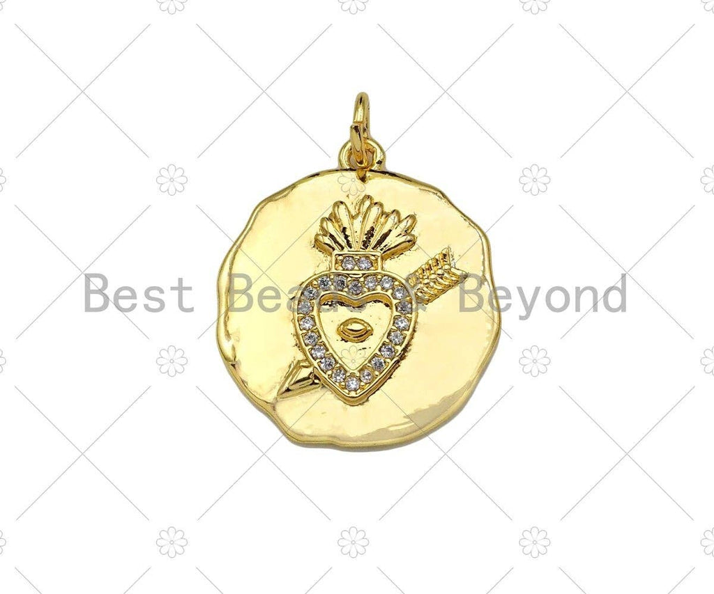 CZ Micro Pave Heart with Cupid Arrow on Round Coin Pendant, 18K Gold Medallion Charm, Necklace Bracelet Charm Pendant,19x22mm,Sku#Z1333