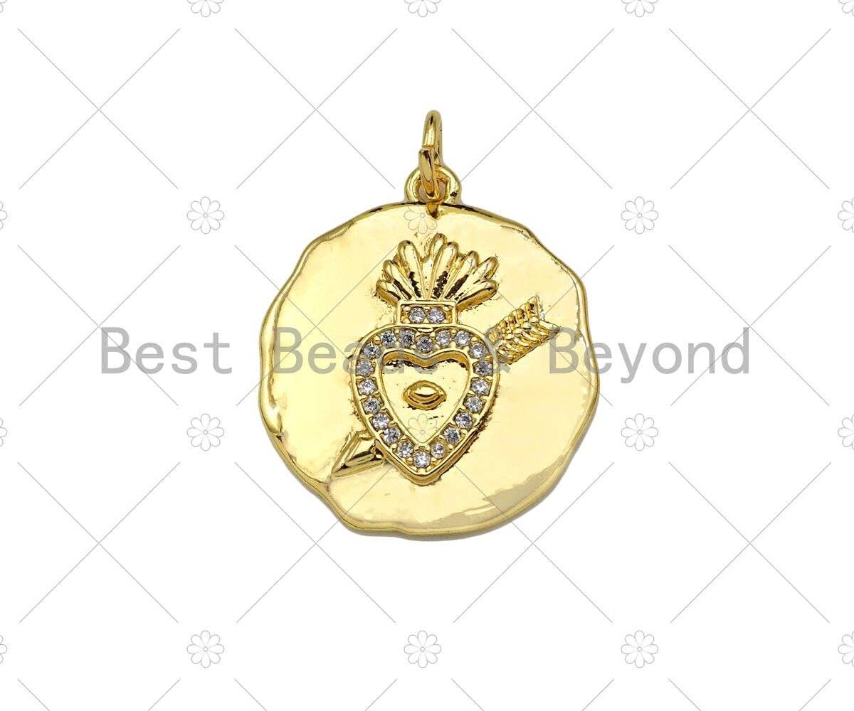 CZ Micro Pave Heart with Cupid Arrow on Round Coin Pendant, 18K Gold Medallion Charm, Necklace Bracelet Charm Pendant,19x22mm,Sku#Z1333