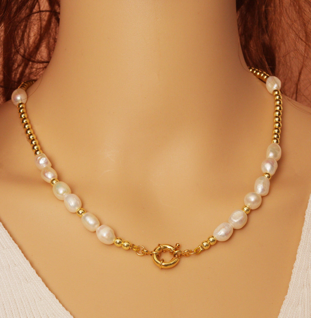 Gold  Hematite Ball Pearl Necklace, SKU#EF244