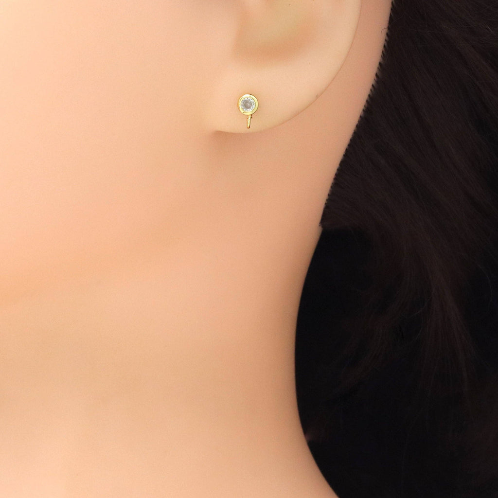 Clear Round CZ Gold  Silver Stud Earrings with loop, Sku#A440