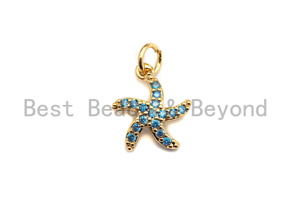 Turquoise CZ Micro Pave Starfish Shape Pendant,Cubic Zirconia Charm/Pendant, Gold/Silver Tone,11x13mm,sku#Y227