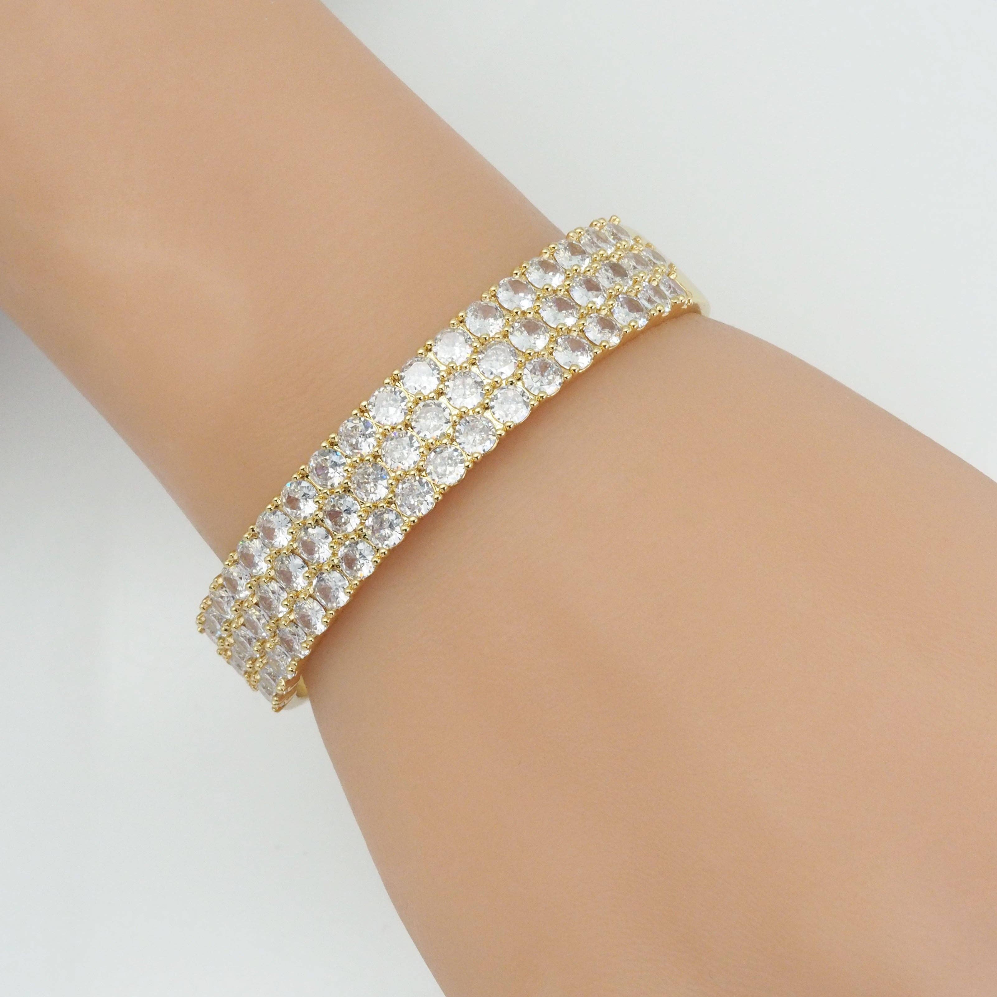 Gold Silver Three CZ Diamond Row Adjustable Bracelet, Sku#LX372