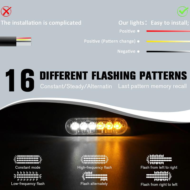 DIBMS Dual Color LED Emergency Strobe Lights - 8X Amber & White 6 LED Warning Light Bar for Cars, Trucks, Vans, ATVs & SUVs - Surface Mount Hazard Lights